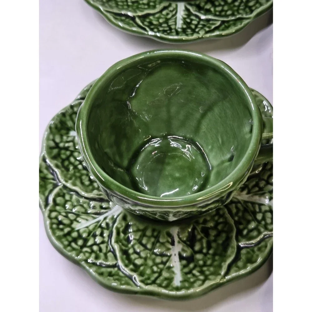 14 Piece Set Majolica Cabbage Espresso 7 Cups & 7 Saucers Ceramic Cabbageware